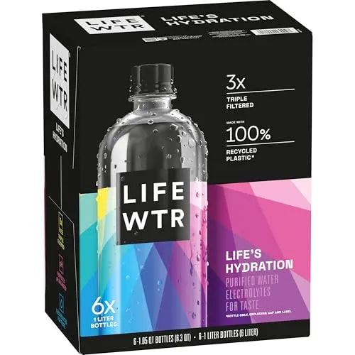 LIFEWTR Premium Purified Water, pH Balanced with Electrolytes, 100% recycled plastic bottles, 33.8 Fl Oz, 1L (Pack of 6) - Demo Product